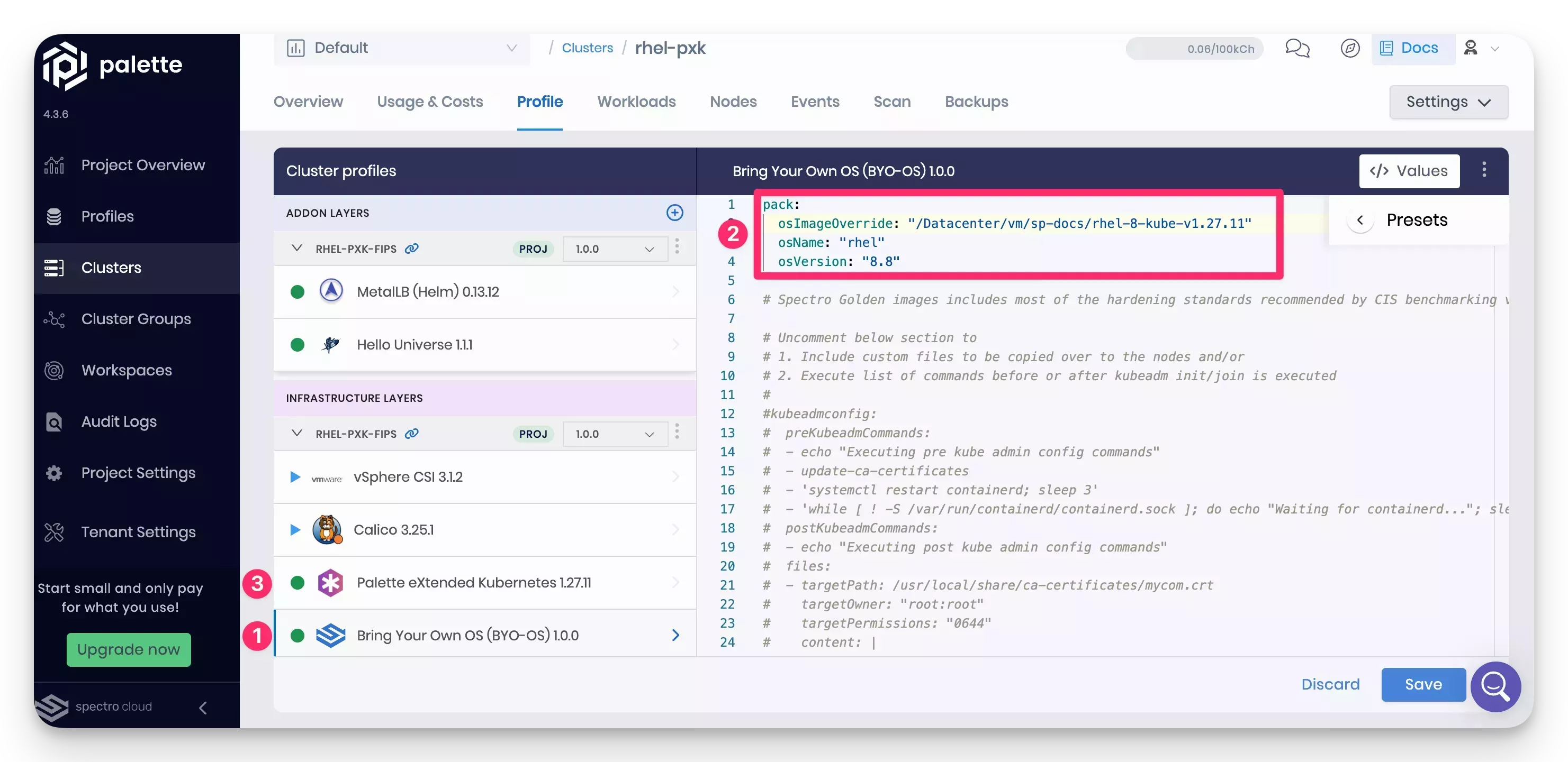 A cluster profile using a custom RHEL image