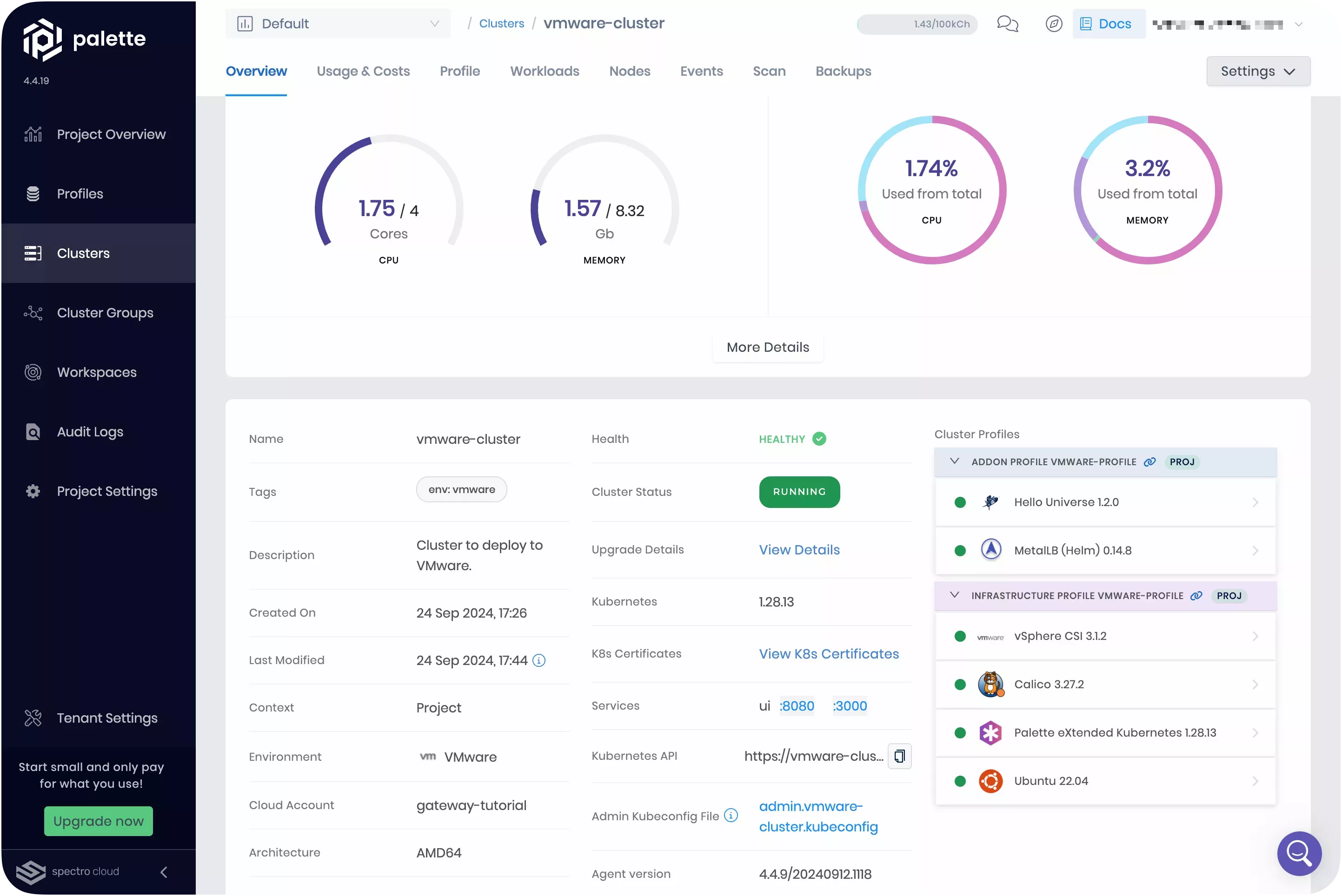 Cluster details page